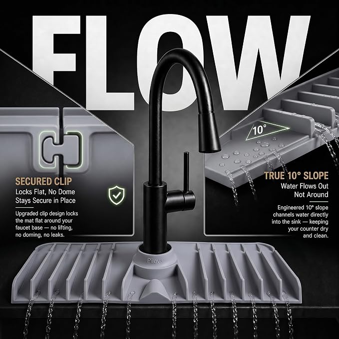 Premium Kitchen Sink Splash Guard – 16" x 5.7" Silicone Faucet Mat with Secure Pressure Clip, True 10° 3D Drainage(No Pooling), Anti-Lift Design, Flexible Leak-Sealing Ring, Non-Slip Fit Behind Faucet - Image 3