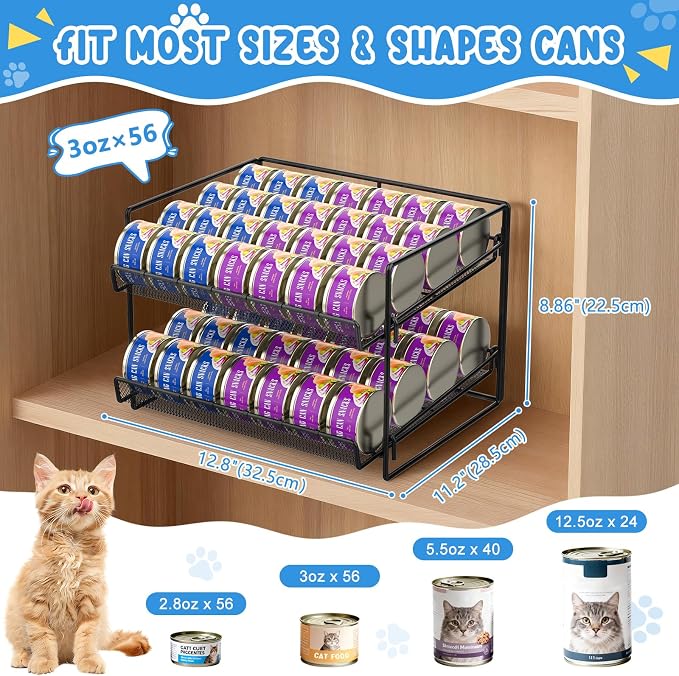 Cat Food Can Organizer 2-Tier Can Organizer for Pantry 56 Cans 3.5oz | Black metal 2-tier cat food can organizer,Holds 56 cans 3.5oz,Adjustable pantry countertop storage for kitchen cabinet - Image 5
