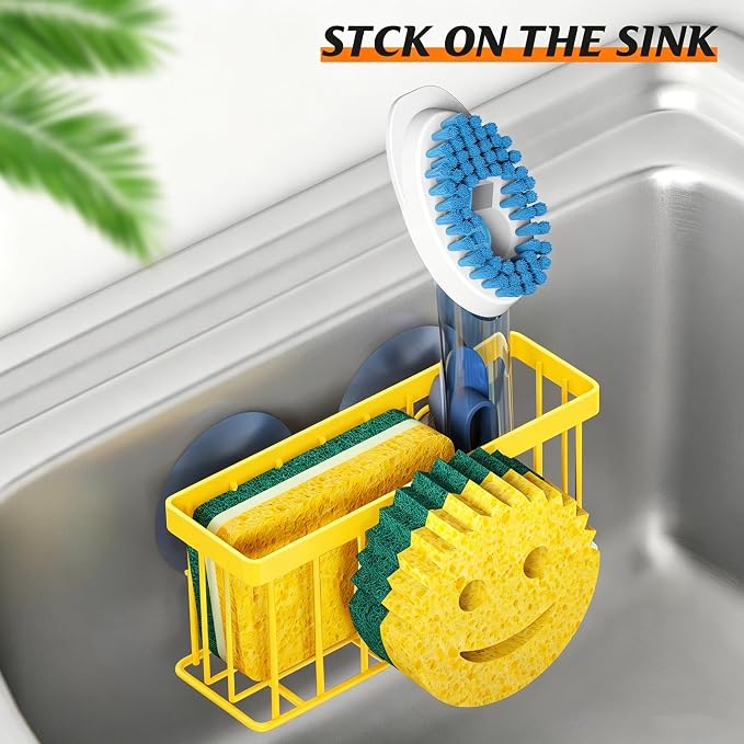 MURLONG Sponge Holder Smiley Face,Sink Caddy for Kitchen Sink,Kitchen Organizer Sponge Holder with 2 PCS Suction Cups/1 PCS Adhesive Strips,Designed for Sponge,Soap,Dish Brush,Scrubber-Yellow - Image 3