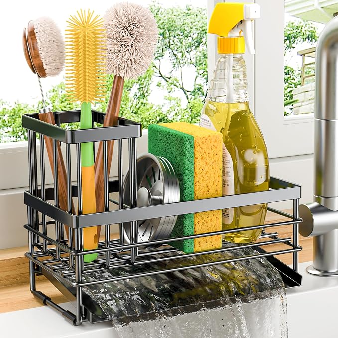 Cisily Sink Caddy Sponge Holder for Kitchen with Brush Holder and Stainless Steel Self Drain Tray, Rustproof Kitchen Sink Organizer for Sponge, Soap Dispenser Storage Accessories - Image 9