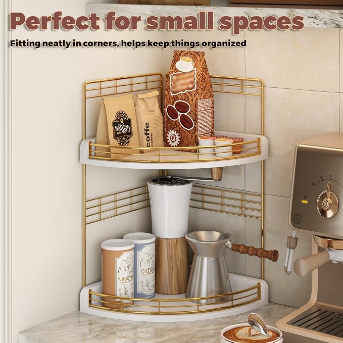 Bathroom Countertop Corner Organizer for Small Spaces, 2-Tier Counter Shelf | Oak Wood & Iron, Fan-Shaped Counter Shelf for Sink & Vanity Corners, Skincare, Toiletries, Compact Vertical Storage, White - Image 7