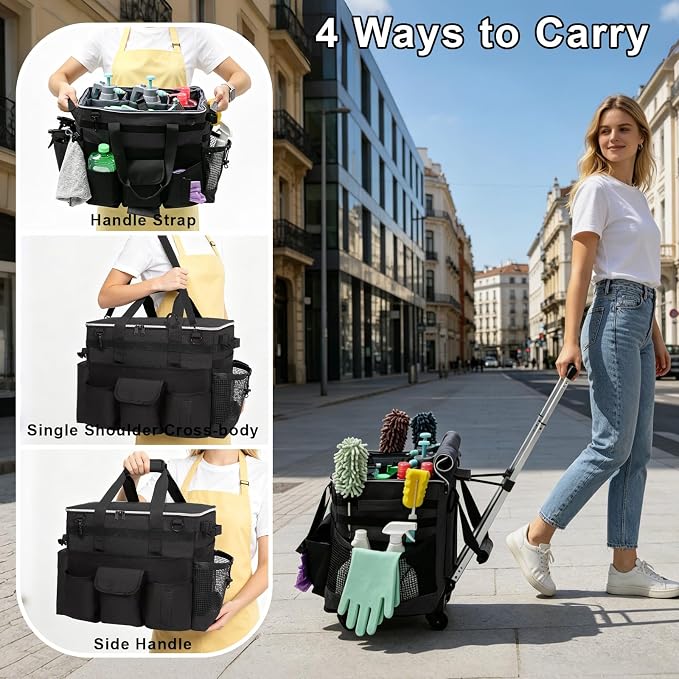 Large Rolling Cleaning Caddy with Wheels, Cleaning Supplies Organizer | With Detachable Trolley, Water-resistant Cleaner Cart for Housekeepers, Multi Pocket Cleaning Cart with Strap, Black - Image 8