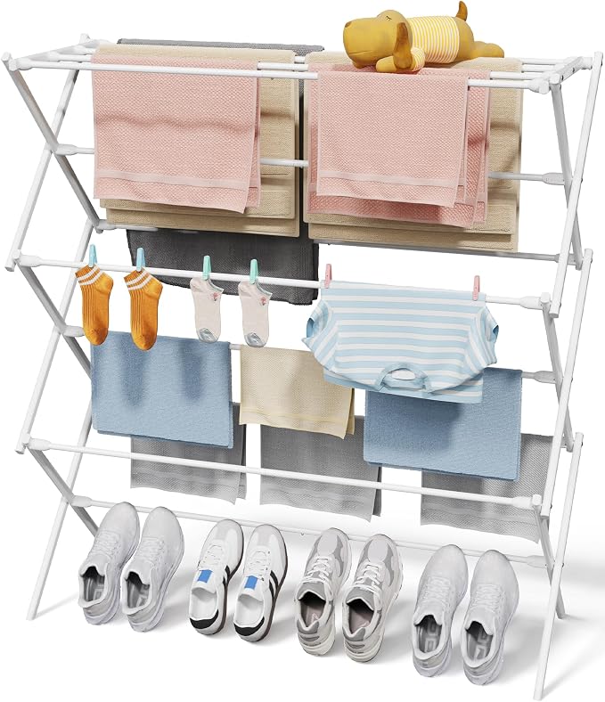 Sakugi Foldable 3-Tier Clothes Drying Rack 42.1" H with Non-Slip Feet | Indoor & Outdoor Use, Space Saving, Metal Frame, 14.6" D x 39.4" W, White by Sakugi