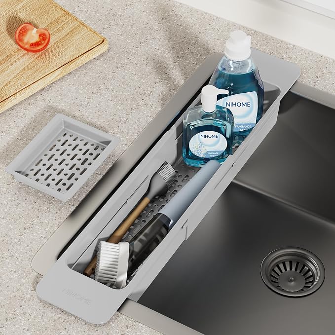 NiHome Extendable Kitchen Sink Caddy Extra Long Brush Sponge Storage Holder | Expandable Kitchen In Sink Organizer Extra Long for Brush & Sponge with Drainage, Adjustable Length, Non-Slip Pads (Gray) - Image 2