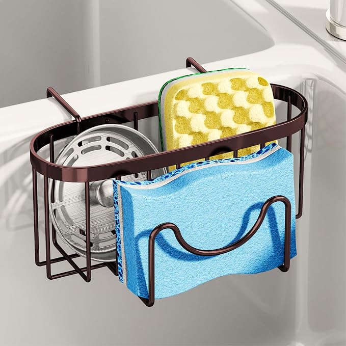 SWTYMIKI Sponge Holder for Kitchen Sink - Movable Kitchen Sink Caddy with M Shape Hook, Stainless Steel Hanging Sponge Caddy for Dish Sponge, Brush, Stopper Organizer in Double Bowl Sink, Bronze by SwtyMiki-TidyHomeSweetLife