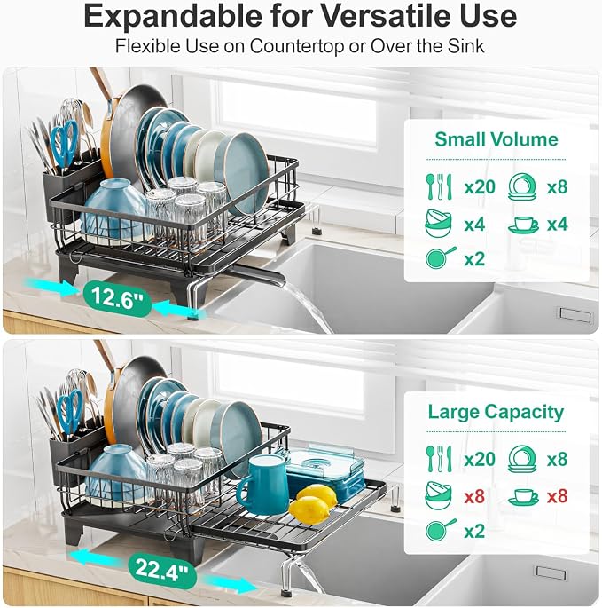 GSlife Expandable Dish Drying Rack - Over Sink & Countertop Use, Black | 12.6"-22.4" Adjustable Length, Extra Drying Space, Auto-Drain Spout, Large-Capacity, Removable Utensil Holder, Rust-Resistant - Image 2