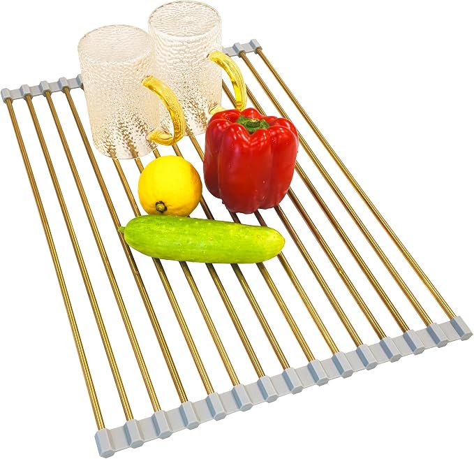 Gold Roll Up Dish Drying Rack Over Sink, Foldable Stainless Steel Drainer Non-Slip Sink Drying Rack Sink Accessories for Kitchen Countertop (17.8×15.7in) by Unknown