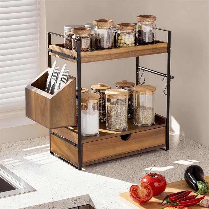 2-Tier Bathroom Counter Organizer, Acacia Wood Vanity Shelf with Drawer | Pre-Drilled Holes, Skincare & Makeup Countertop Organizer and storage, Acacia Dark Brown - Image 5