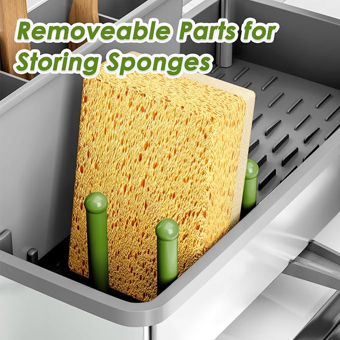 Ewaiira Stainless Steel Sink Caddy, Sponge Holder for Kitchen Sink 9.8″ | with Brush Holder Dishcloth Rack, Rustproof Sink Organizer Countertop, Soap Kitchen Organizers Storage Essentials, Gray - Image 8