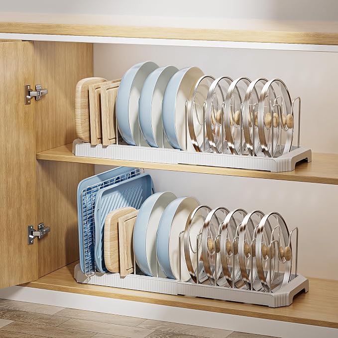 MUDEELA Pots and Pans Organizer under Cabinet, Pan Pot Organizer Inside Cabinet, Expandable 12.9''-21.88'' Pot Lid Organizer Holder with 12 Adjustable Dividers for Cutting Boards, Pan Lid Rack, White - Image 8