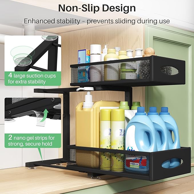 Under Sink Organizer, 2 Pack 2 Tier Pull out Cabinet Organizer Baskets with Mesh Sliding Drawers, Slide out Sink Storage Shelves for Home, Kitchen, Bathroom, Pantry, Office Organizers and Storag,Black - Image 6