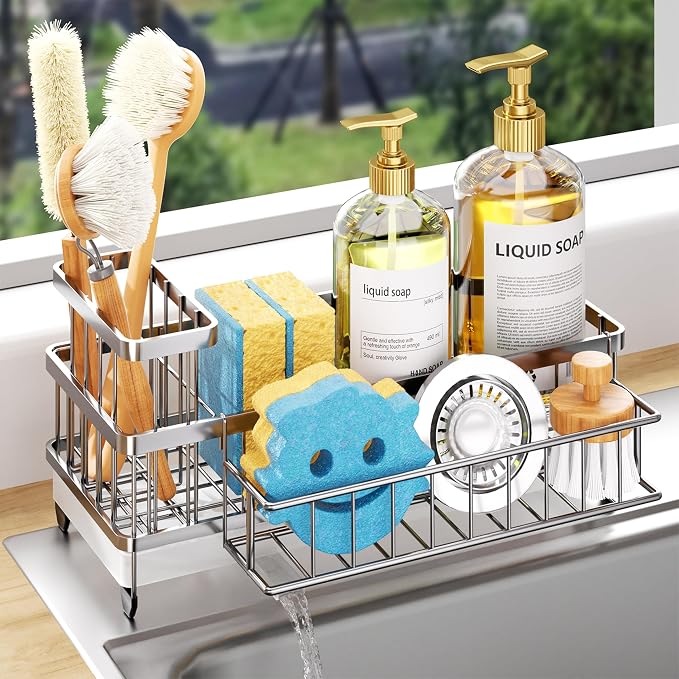 Consumest Sponge Holder for Kitchen Sink - Auto Draining Sink Caddy Organizer with Detachable Rack, High Brush Holder, Kitchen Countertop Storage Accessories, Silver-Extra Large by Consumest