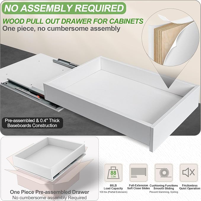 MyLifeUNIT Wood Pull Out Drawer for Cabinet Pre-Assembled, 18" W x 21" D | Soft Close, Full Extension Pull-Out Cabinet Organizer Shelf, Slide Out Drawer for Kitchen Cabinet, Easy Bottom Installation - Image 4