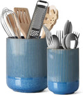 LE TAUCI Utensil Holder for Kitchen Counter, 7.3"+5.4" Fluted Ceramic Utensil Crock Organizer for Countertop, Heavy Large Holder for Spatulas, Spoons, Set of 2, Blue Marble by LETAUCI