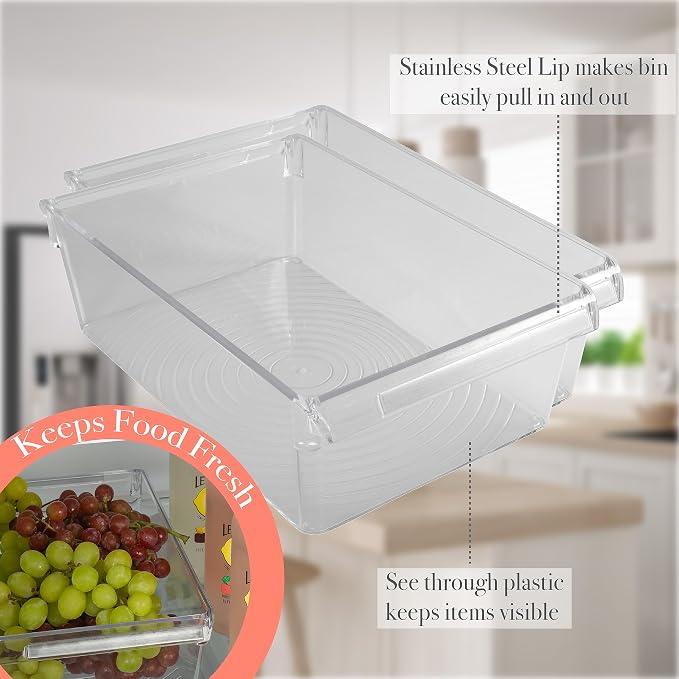 Kitchen Details 2 count Large Refrigerator Storage Bin, Fridge & Freezer, Kitchen Organization, Stainless Steel Handle, Countertop, Cabinets, Pantry, Clear (Pack of 6) - Image 3