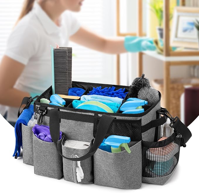 LoDrid Wearable Cleaning Caddy Bag with 4 Foldable Dividers, Grey | Cleaning Supply Organizer with Shoulder Strap and Side Handles for Cleaners & Housekeepers - Image 8