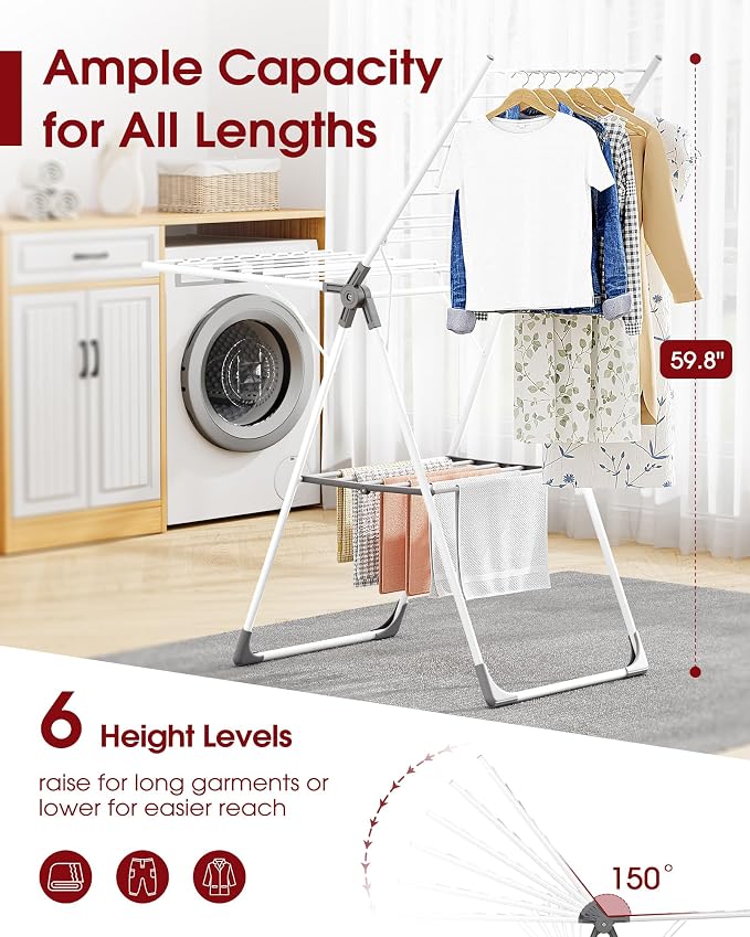 Sakugi Clothes Drying Rack, 55.5" Adjustable Wings, Foldable Design | Laundry Room, Bedroom, Outdoor & Indoor Use, Height Adjustable, Collapsible, White Gray, 55.5" L × 22.8" W - Image 2
