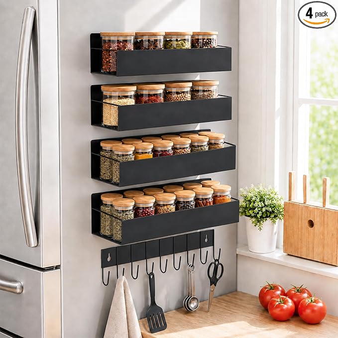 SMRCAD Metal Magnetic Spice Rack 4 Pack with Hook – Heavy-Duty | Iron construction, dust-resistant, fits condiment bottles, includes screws for optional wall mount by SMRCAD