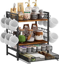 Plaviya Coffee Bar Organizer Coffee Station K Cup Holder for Countertop | 30 Coffee Pods Organizer, Mug Holder with 12 Hooks, 2 Drawers, Multifunctional, Kitchen, Dining Room, Office, Rustic Brown by Plaviya
