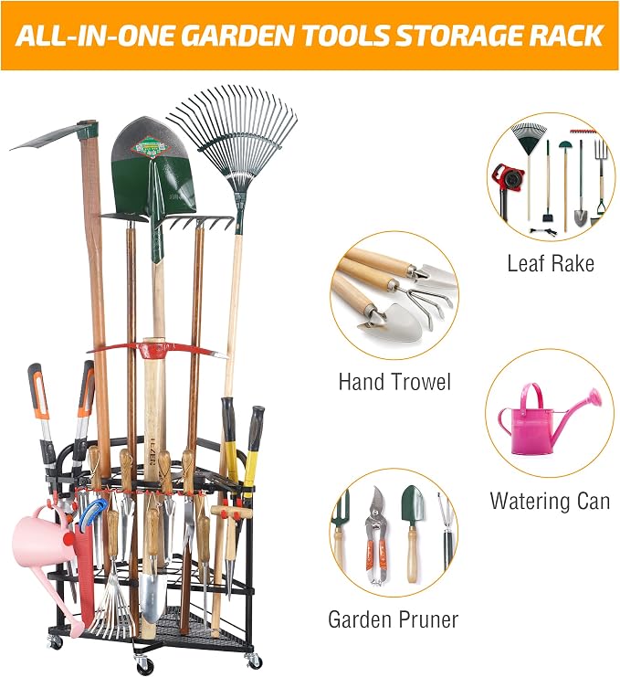 PLKOW Garden Tool Organizer with Wheels and Storage Hooks, Rolling Corner Tool Storage Rack for Garden, Shed, Garage, Powder Coated Steel, Black | 31-slot corner rack with 13 side holders, 4 removable hooks, adjustable feet, and 2 locking wheels - Image 5