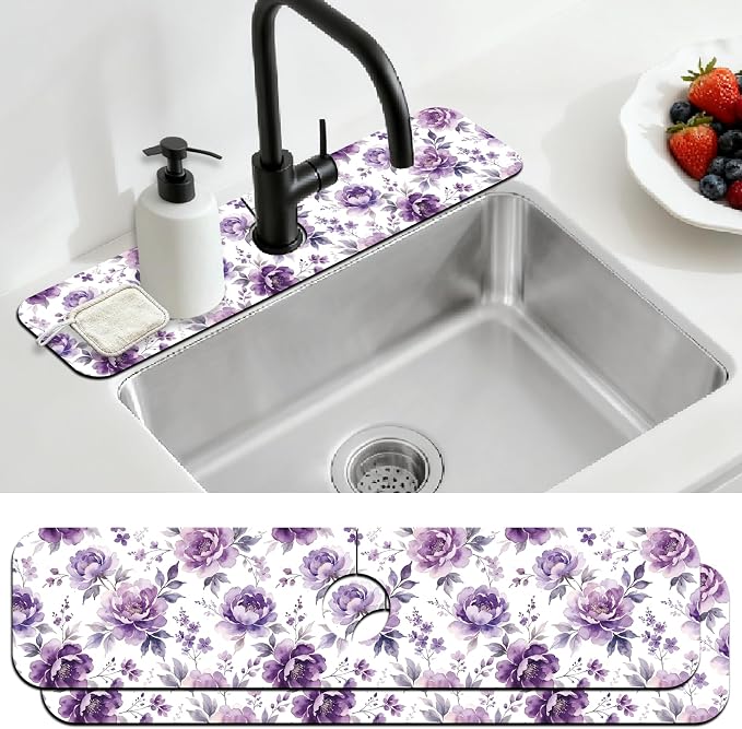 2 Pcs Kitchen Sink Splash Guard Faucet Mat Purple Flowers Faucet Mat for Sinks Dreamlike Blooms Absorbing Drying Mats for Kitchen Bathroom, 23.6x5.5inch by CONCHLERY%E6%97%97%E8%88%B0%E5%BA%97