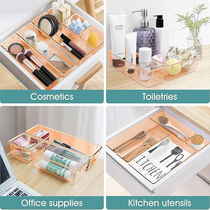 25 PCS Plastic Drawer Organizer Set, Makeup Organizers and Storage Bins | 4 Sizes Desk Drawer Divider Organizers and Storage Bins for Jewelry, Gadgets for Kitchen, Bedroom, Bathroom, Orange - Image 5