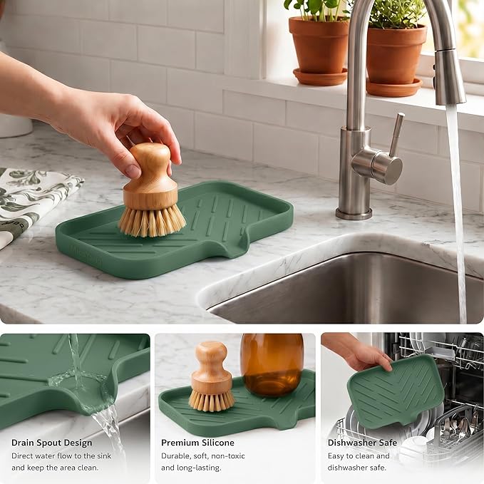 MicoYang Silicone Soap Dish with Drain Spout — Self-Draining Sink Organizer Tray for Bathroom & Kitchen, Sponges, Dispensers & Soap Holder, Non-Slip & Dishwasher Safe, Green (Medium, 9.6"×5.3") - Image 3