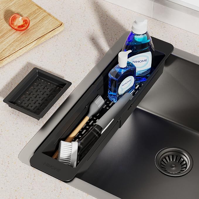 NiHome Extendable Kitchen Sink Caddy, Small Brush Sponge Storage Holder | Expandable Kitchen In Sink Organizer for Brush & Sponge with Drainage, Adjustable Length, Non-Slip Pads, Durable ABS (Black) - Image 9