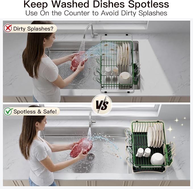 JASIWAY Green Dish Drying Rack in Sink with Drainboard and Utensil Holder | Use Over the Sink or Counter, Stainless Steel Expandable Dish Drainer for Small Kitchen, Space Saving, Fast Drain, Rustproof - Image 4