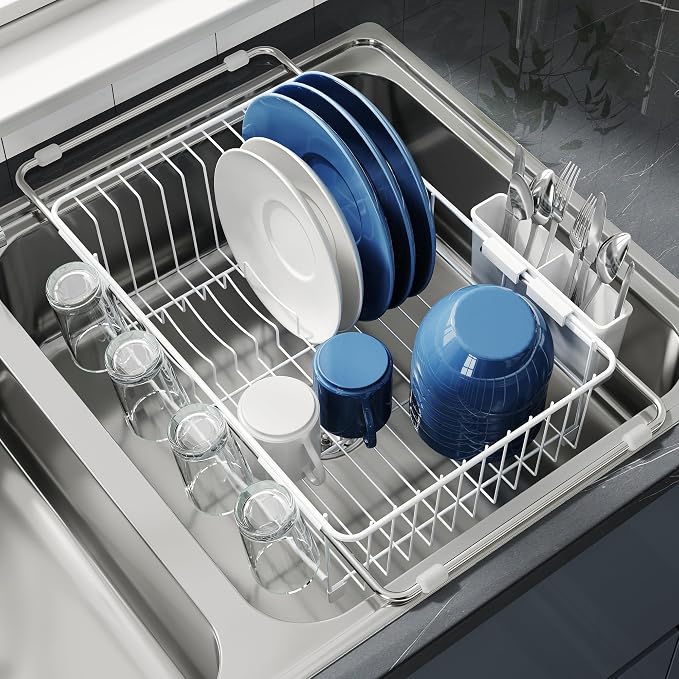 JASIWAY White Dish Drying Rack in Sink, Dish Drainer with Utensil Holder | Over The Sink Expandable Stainless Steel Strainer Dryer Rack for Small Kitchen, Counter Space Saving, Fast Drain, Rustproof by JASIWAY