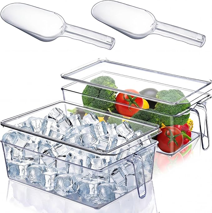 Havawish 4 Pcs Ice Storage Bin for Freezer with Lid and Flexible Scoop Set Plastic Ice Container with Lid Handle for Home Office Fridge Storage (12.4 x 8.07,12.4 x 5.91 Inches,Clear) by Havawish