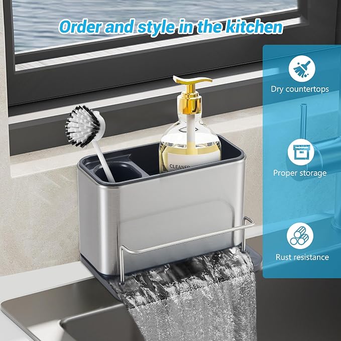 Kitchen Sink Organizer Stainless Steel, Stainless Steel Kitchen Sink Organizer, Compact Multi-Compartment Caddy for Sponges, Brushes & Cleaning Supplies, Rust-Resistant, Easy to Clean - Image 2