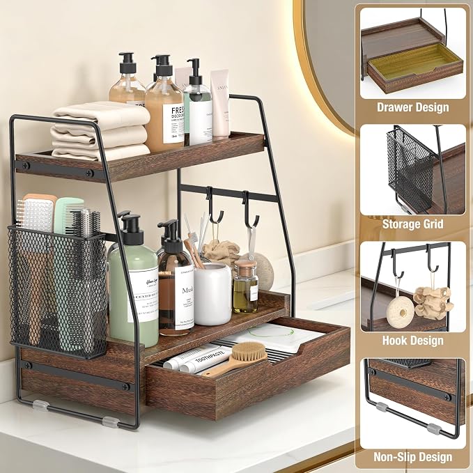 2-Tier Bathroom Counter Organizer with Drawer, Wood Counter Storage Shelf | Bathroom Vanity Organizer Countertop for Makeup, Skincare, Perfume, with Removable Basket, 13.4" x 7.9" x 14.5", Dark Brown - Image 3