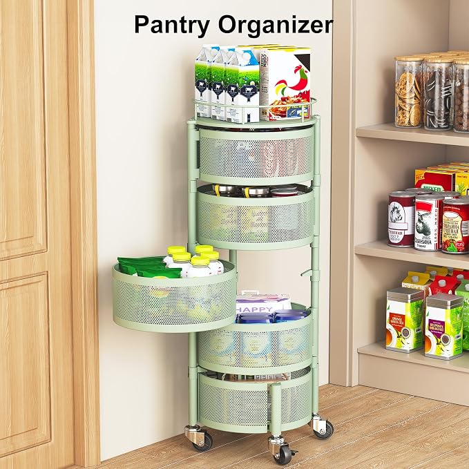 SAYZH 5 Tier Fruit Vegetable Basket Stand for Kitchen, Rotating, Green | Rolling Storage Cart with top lid, Large Metal Wire Rack for Potato and Onion Storage - Image 6