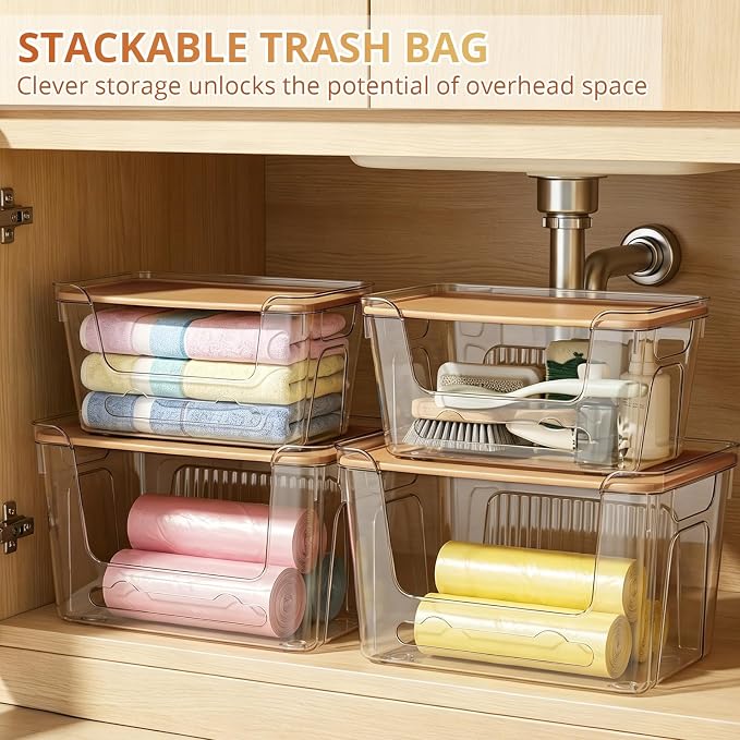 CANTAMI Plastic Trash Bag Dispenser with Lids, Stackable, 4Pack, 2XL+2S | Clear Trash Bag Organizer for Kitchen, Laundry Room, Under Sink Organization and Storage - Image 3
