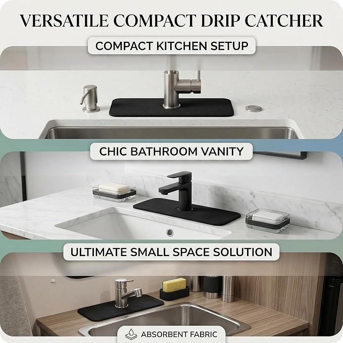 Absorbent Kitchen Sink Faucet Mat: 2PCS 14"Lx5.5"W Small Splash Guard for Compact Sink - Fits Irregular Sink with 2, 3 holes, Soap Dispenser & Air Gap - Cuttable Drip Catcher for Bathroom RV Bar - Image 6