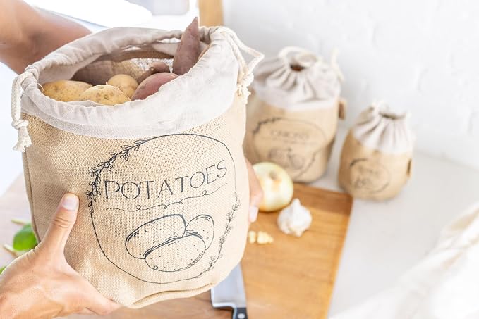 Potato Storage Bag | Natural Jute Potato Onion Garlic Storage Set for Pantry | Breathable & Fresh Onion Potato Storage | Easy to Clean Potato and Onion Storage Bag | Air Flow, Light Blocking - Image 8
