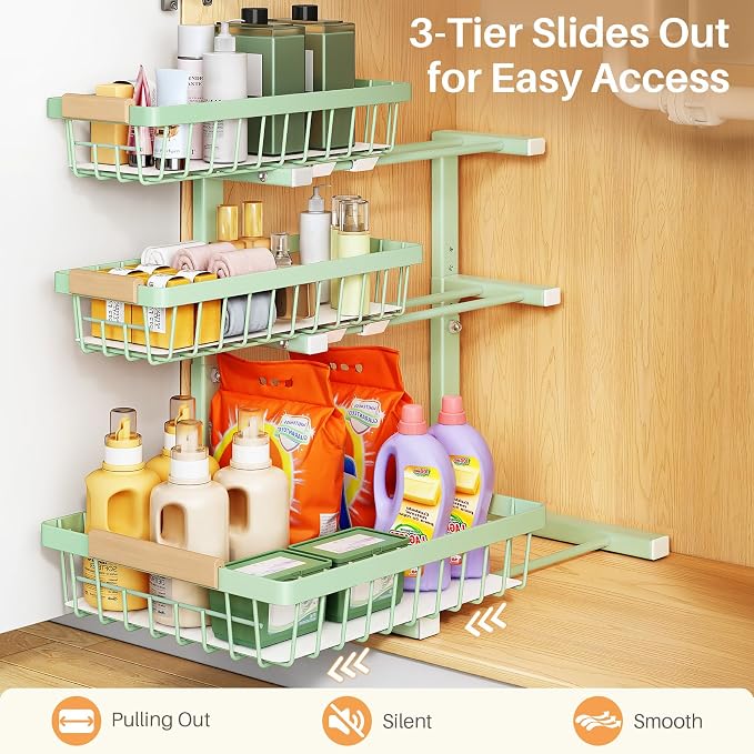 PXRACK Under Sink Organizer, 2-Pack 3-Tier Height Adjustable Thickened Metal Pull out Cabinet Organizer Shelf, Slide out Storage Drawer Rack for Bathroom Kitchen Pantry Home Organization, Green - Image 5