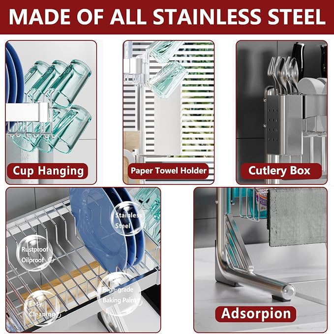 VNKZI Over Sink Dish Drying Rack, 2 Tier Full Stainless Steel Storage Adjustable Length (25.98'' to 36.61'') Kitchen Rack, Multifunctional Expandable Counter Organizer, Space Saver Dish Rack - Image 3