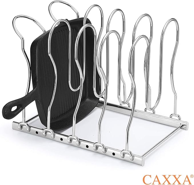 Heavy Duty Pan Rack, Pot Lid Rack, Kitchen Cabinet Pantry Cookware Organizer Rack Holder with 5 Adjustable Dividers, Chrome - Image 6