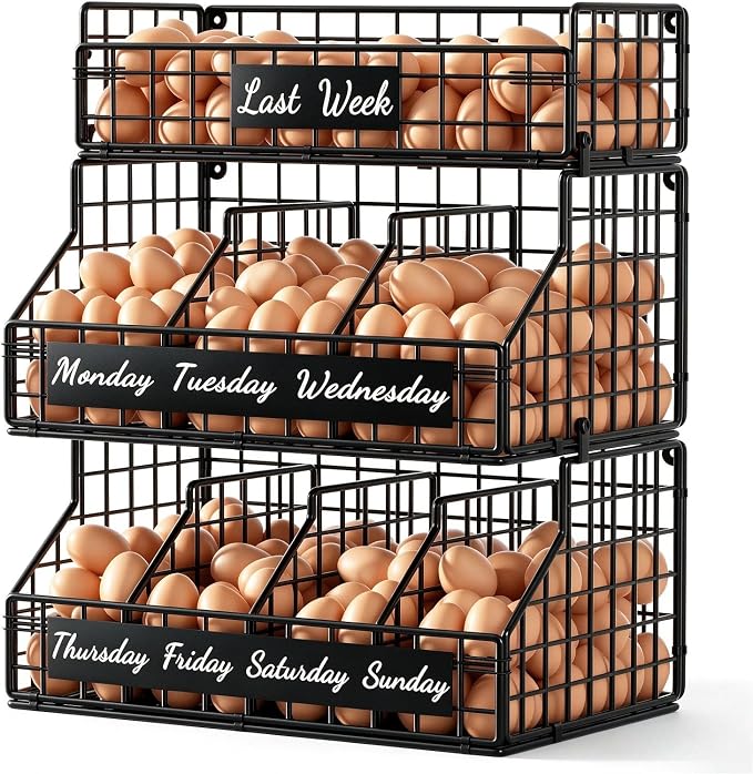 Egg Holder Countertop, Large 3T Chicken Egg Basket for Gathering Fresh Eggs | Egg Storage Organizer with Adjustable 5 Divider & Label, Stackable Wall Mounted Egg Collecting Basket Rack, XXL Black by FURMORENE
