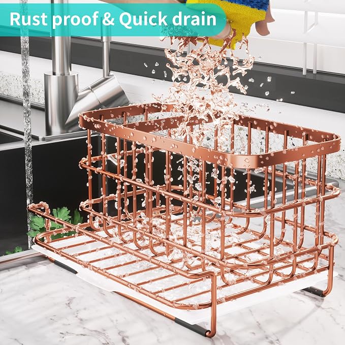 HapiRm Multifunctional Kitchen Sink Organizer, Large Sink Caddy with Drain Tray, SUS304 Stainless Steel Rustproof Sponge Holder for Kitchen Countertop - Rose Gold - Image 2