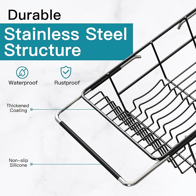 JASIWAY Black Dish Drying Rack in Sink with Mat, Cups and Utensil Holder | Use Over the Sink or Counter, Stainless Steel Expandable Dish Drainer for Small Kitchen, Space Saving, Fast Drain, Rustproof - Image 7