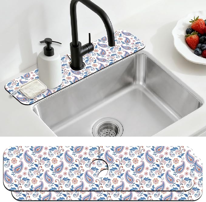 2 Pcs Kitchen Sink Splash Guard Faucet Mat Paisley Pattern Faucet Mat for Sinks Flower Absorbing Drying Mats for Kitchen Bathroom by CONCHLERY%E6%97%97%E8%88%B0%E5%BA%97