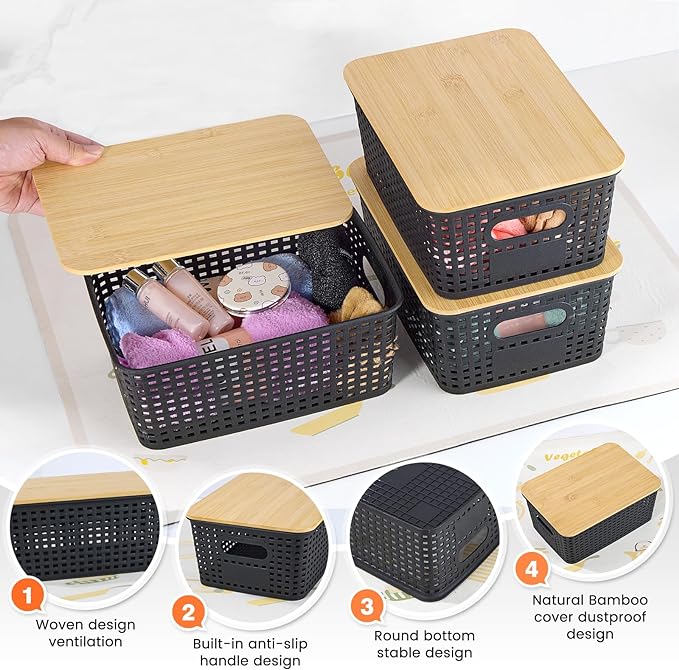 Ohmlove 6 Pack Plastic Storage Baskets with Bamboo Lids for Organization | Stackable Storage bins, Storages Baskets for Organizing Shelves Drawers Desktop Closet Playroom Classroom Office,Black - Image 3