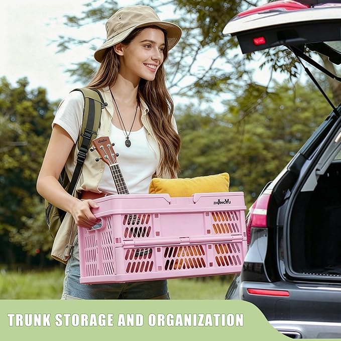 Pink Plastic Baskets with handles,2-pack Collapsible crates for storage,14.96"x9.84"x7.87" foldable shopping basket ,foldable crate with Handles for car Classroom Kitchen Bathroom Medicine Milk - Image 3