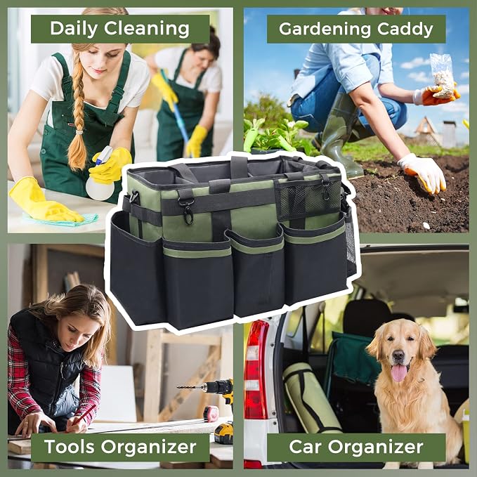 SCAVATA Wearable Cleaning Caddy Organizer with Handle & Shoulder Straps for Housekeepers, Under Sink & Car Cleaning Tool Organizer Bag with 4 Foldable Dividers (Green) - Image 7