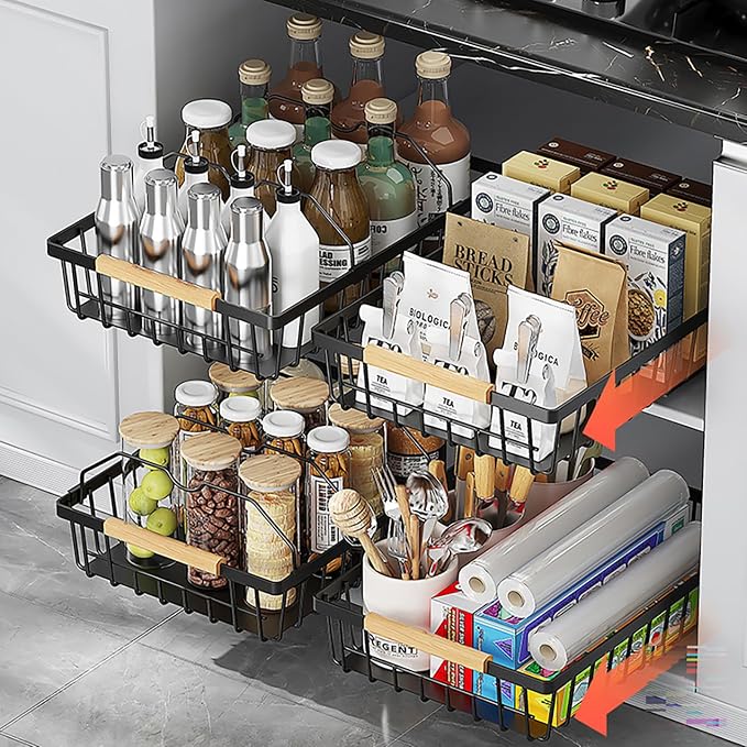 2-Pack Pull Out Cabinet Organizer, No-Drill Slide Out Drawer, Black | Heavy-duty carbon steel build, adhesive nano film mount, ideal for kitchen, pantry and bathroom cabinet storage - Image 3