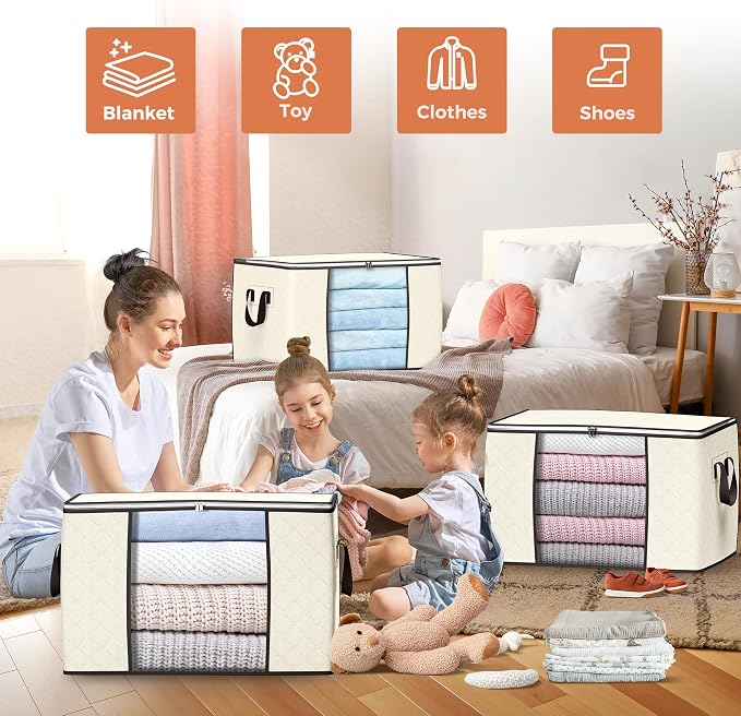 90L Large Storage Bags, 4 Pack Clothes Storage Bins Closet Organizers | Foldable Storage Containers, with Reinforced Handle, for Clothing, Blanket, Comforters, Bed Sheets, Pillows and Toys - Image 5