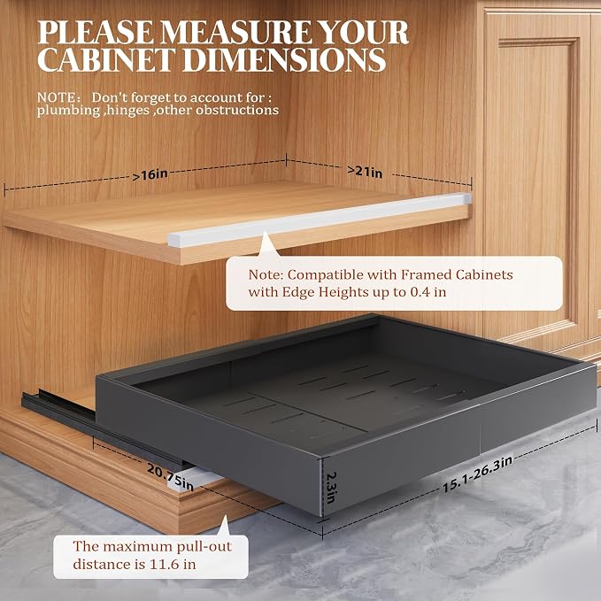 Seinloes 4 Pack Expandable Pull Out Cabinet Organizer 21"Deep With Raising Pad for Framed Cabinets,Upgrade 3 Slide Rails Slide Out Drawers,No Drill Roll Out Shelves,Adjustable Width 15.1"-26.3" Black - Image 3